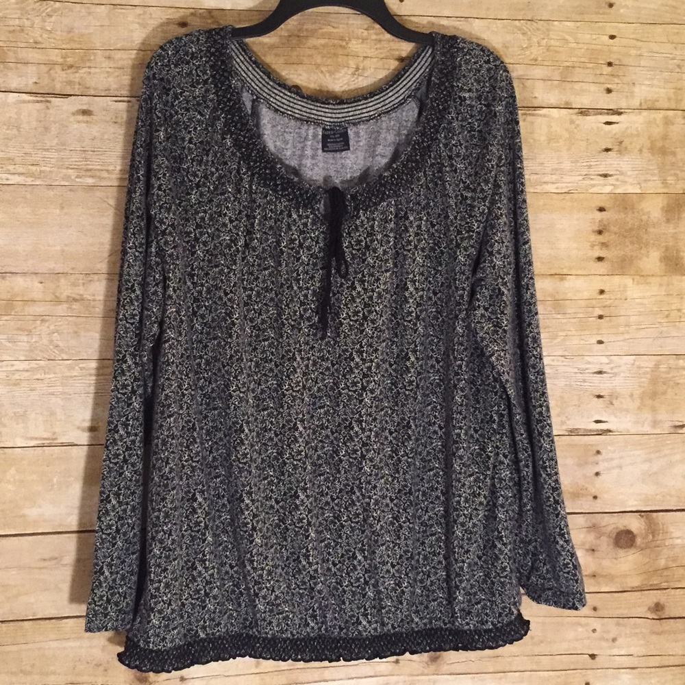 Faded Glory Black Print Tie Peasant Style Top XXL